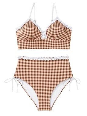 Herseas Women Bikini Set Ruffle Trim Side Tie Bathing Suits High Waist